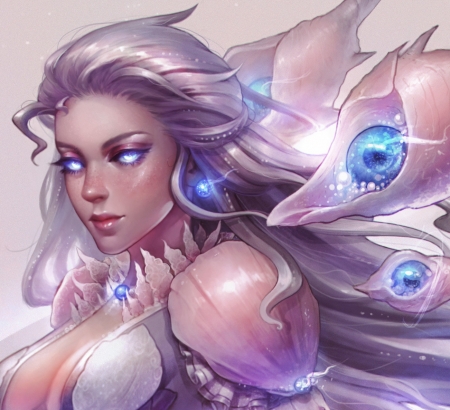 Neptune - art, blue, face, fantasy, girl, jenny brozek, mermaid, neptune, pink, shell, siren, summer, vara