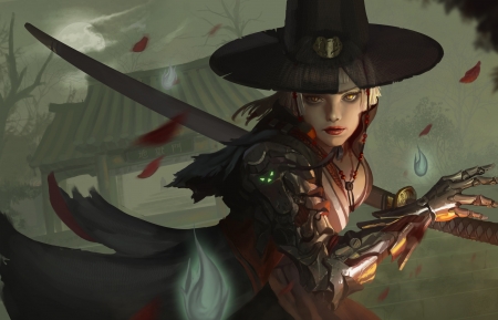 Cyborg samurai - hat, girl, sword, samurai, black, fantasy, cyborg, art, luminos