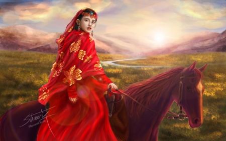 Princess - girl, asain, horse, fantasy, xiao feng, red, princess, jane yap shinori, luminos