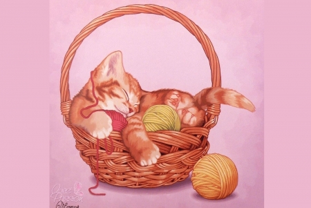 ♥ - basket, sleep, kitten, pisici, pink, cat, maryline cazenave