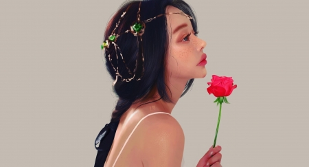 Serenity - profile, girl, jewel, fantasy, chisana mun, red, rose, princess, art, luminos