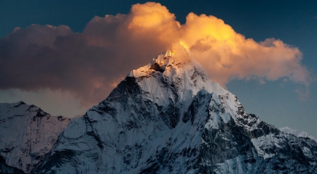 Ama Dablam Mountain - scene, wallpaper, landscape, sunrise, clouds, Nepal, nature, mountains, sunset