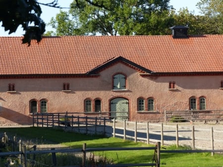 Horse stable - trees, fens, summer, grass, horse stable, sky, building