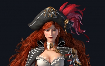 Pirate girl - feather, pirate, fantasy, yiihuu workshop, luminos, redhead, girl, hat
