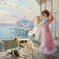 A woman with birds and dogs