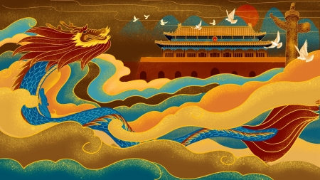 Dragon - art, bird, blue, chinese, dragon, fantasy, orange, painting, pictura, temple, water