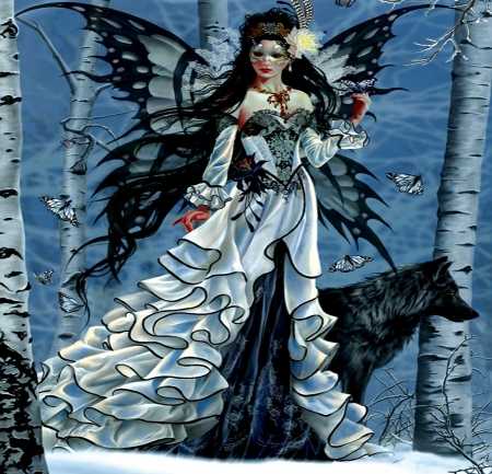 Going To The Christmas Ball - Christmas, Trees, Woman, Wolf, Black, Ball
