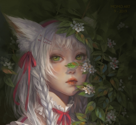 Moriko Wolf girl - wolf, momo art, girl, flower, creature, fantasy, white, green, face, art, luminos