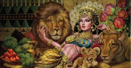 Queen - odalisque, frumusete, fantasy, queen, leu, girl, lion, luminos