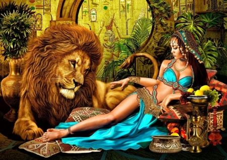 Fantasy girl - odalisque, frumusete, fantasy, blue, leu, girl, lion, luminos