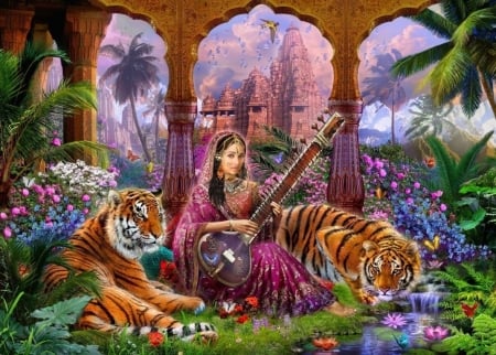 Indian Harmony - odalisque, indian, girl, ee, pink, orange, tiger, tree, frumusete, fantasy, instrument, green, tigru, luminos