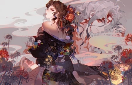 :) - manga, anime, kawacy, girl, kimono, couple, flower, spider lily