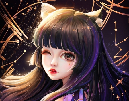 Fantasy girl - fantasy, milkyu dong, ears, pisici, face, cat, luminos