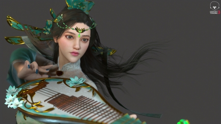 Fantasy girl - jacky tang, fantasy, instrument, green, girl