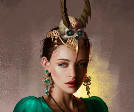 Girl - fantasy, green, tian dm, girl, face, art, jewel, luminos