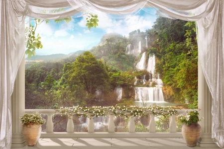 Waterfall - white, ileeni, window, fantasy, green, waterfall, luminos, terrace