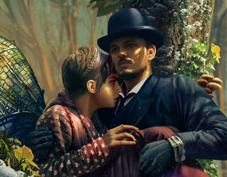 Carnival Row - black, tv sereis, man, girl, fairy, fanart, fantasy, couple, carnival row, benjamin pangan, luminos, hat