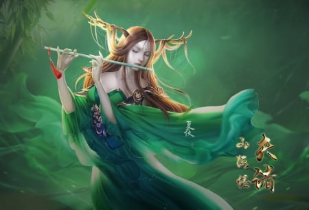 Flute singer - haosong qi, girl, singer, frumusete, fantasy, instrument, green, flute, luminos