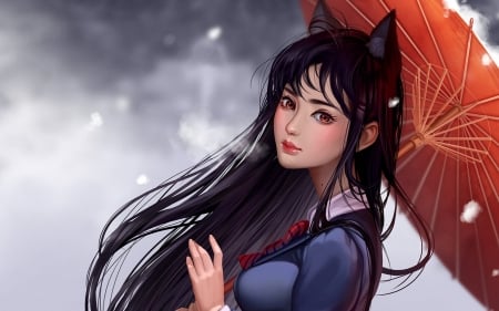 Komi San Neko - fantasy, neko, parasol, blue, red, girl, prywinko, cat