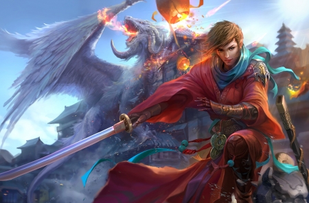 Samurai and dragon - fantasy, sword, man, samurai, derrick son, dragon, katana