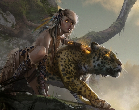 Jungle kitten - fantasy, girl, jungle, pisici, aleksandra skiba, jaguar, art, luminos