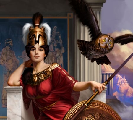 Athena - owl, fantasy, goddess, red, bufnita, luminos, athena, chris rallis