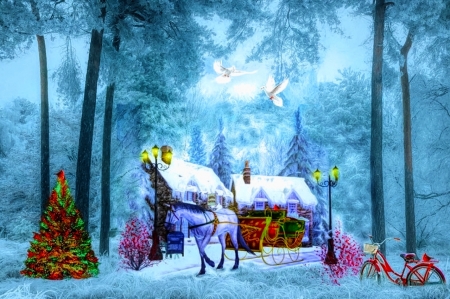 Christmas Buggy Ride - winter, horse, snow, christmas, doves, bycycle, sled, tree