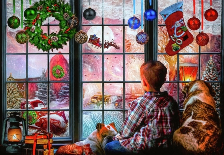 Dreams of Christmas - dreams, reindeer, window, snow, christmas, decorations, sled, santa
