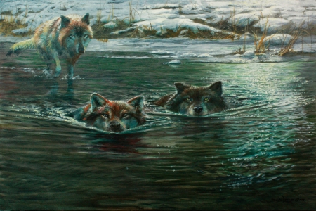 Wolves - lup, pictura, water, john seerey lester, wolf, painting, pack, art