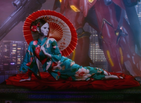 Cyborg geisha - geisha, blue, kimono, hitori mi, fantasy, umbrella, parasol, red, cyborg, asian, luminos