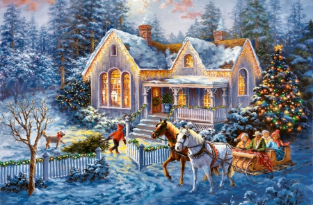 Welcome Home - winter, sleigh, horses, lights, snow, christmas, tree