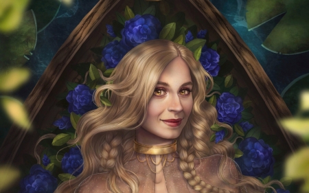 Rapunzel - blue, blonde, girl, natalia butsenka, rapunzel, rose, fantasy, flower, face, luminos, princess