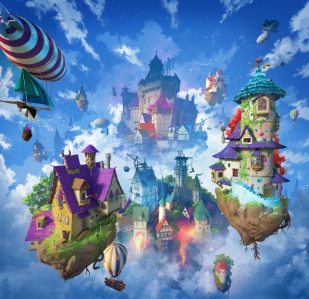 :) - art, blue, fantasy, floating, house, island, sky, sylvain sarrailh