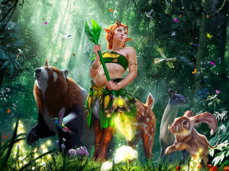 Refuge - girl, centaur, forest, bunny, chris rallis verdant, fantasy, animal, green, luminos