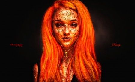 Phoenix - black, fantasy, phoenix, girl, face, orange, evgeny dvoretckiy