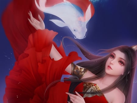 Fantasy girl - blue, haosong qi, frumusete, fantasy, white, red, pesti, fish, luminos