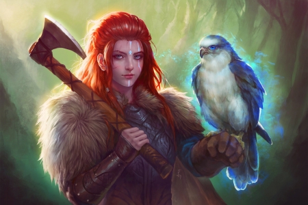 Viking woman - bird, warrior, girl, angan kelana, viking, pasari, fantasy, redhead, art