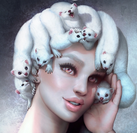 The fluffiest medusa - ferret, girl, medusa, jellyfish, white, face, nell fallcard, art, luminos