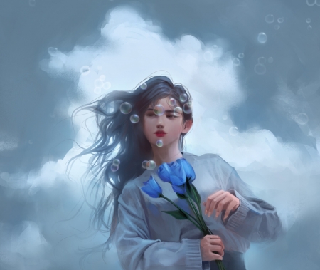Blue tulips - blue, tulip, girl, mars foong, fantasy, flower, sky, luminos, bubbles, cloud