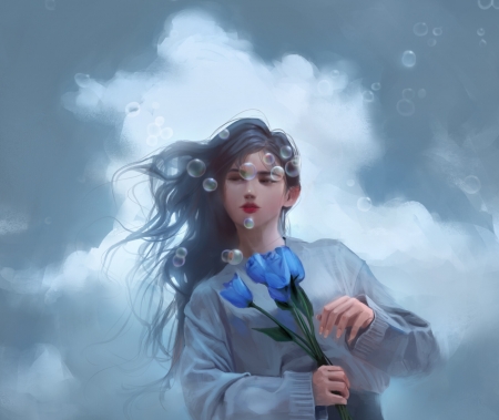 Blue tulips - blue, mars foong, girl, flower, tulip, fantasy, cloud, bubbles, luminos, sky