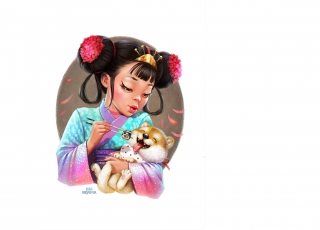 Asian girl - dog, white, asian, cute, girl, fantasy, minimalistic, lera kiryakova, caine