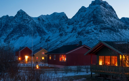 Houses in Winter - village, winter, nature, lights, mountains, houses