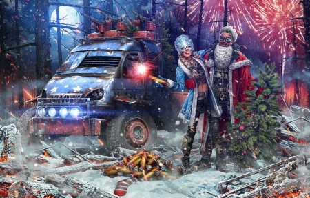 Happy New Year! - blue, girl, pink, man, christmas, fantasy, car, craciun, new year, sergey kondratovich, couple, fireworks