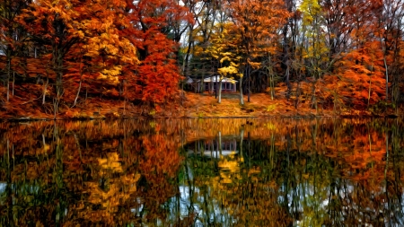   House Standing on the Shore of a Lake - house, trees, shore, nature, lake, forest