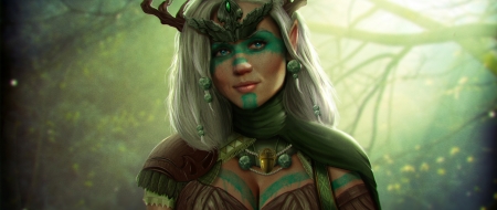 Druidess - frumusete, fantasy, green, girl, face, luminos, druid