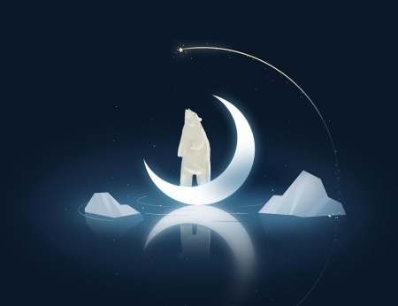 â™¥ - art, fantasy, guihuahuzi, iarna, luminos, luna, moon, polar bear, reflection, star, urs, water, winter
