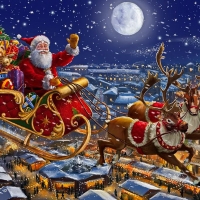 Santa sleigh and reindeers in sky