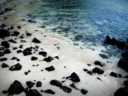 black contrast rocks  - sky, islands, paradise, countryside, water, worlds, black, scenes, rocks, exotic, oceans, environments, scenery, sand, landscapes