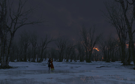 Night Skate - ice, trees, skaters, night, frozen, pond