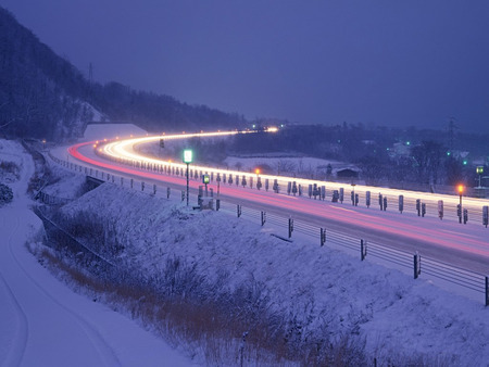 Icy highway - lit up, highway, lights, road, cold, snow